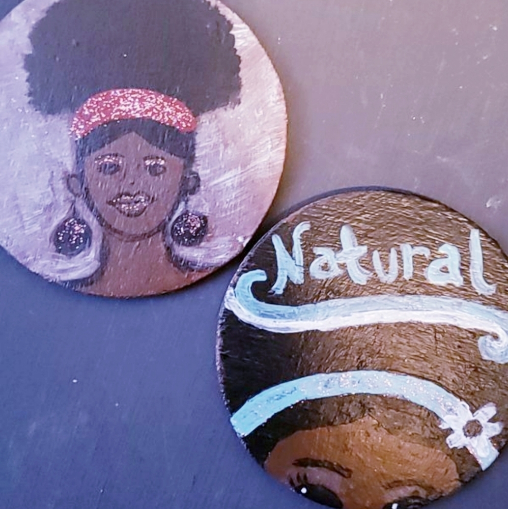 2 Round Wooden Hand-Painted Magnets.
